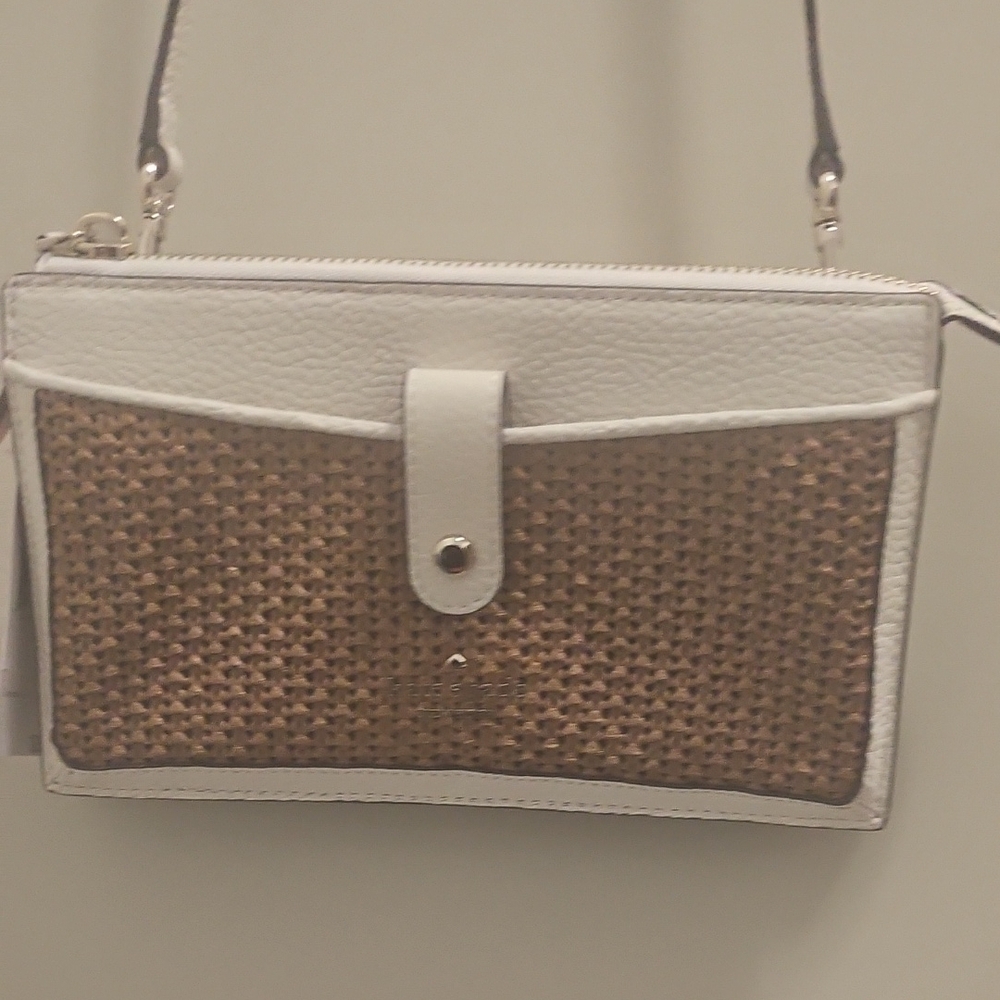 White and Tan Woven Crossbody Bag